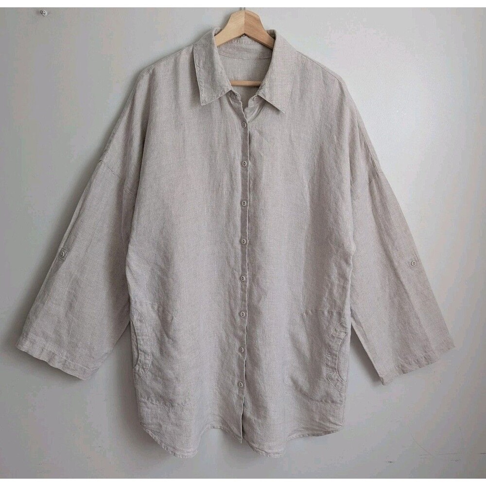Womens 2X 100% Linen Tunic Top Oversize Relaxed Natural Beige Pockets Lagenlook